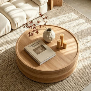 English Elm 39.37 Inch Round Drum Coffee Table Natural Veneer Finish Low Profile Living Room Centerpiece W3081P440130