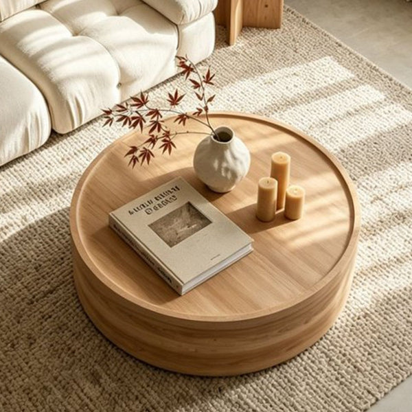 English Elm 39.37 Inch Round Drum Coffee Table Natural Veneer Finish Low Profile Living Room Centerpiece W3081P440130