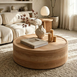 English Elm 39.37 Inch Round Drum Coffee Table Natural Veneer Finish Low Profile Living Room Centerpiece W3081P440130