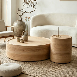 English Elm 39.37 Inch Round Drum Coffee Table Natural Veneer Finish Low Profile Living Room Centerpiece W3081P440130
