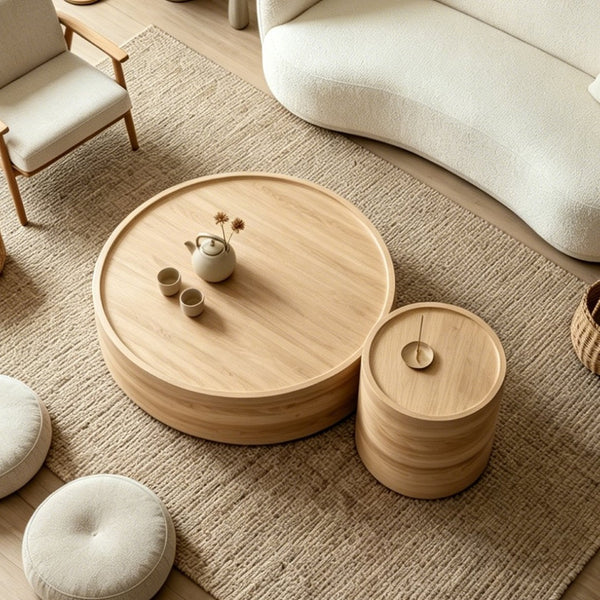 English Elm 39.37 Inch Round Drum Coffee Table Natural Veneer Finish Low Profile Living Room Centerpiece W3081P440130