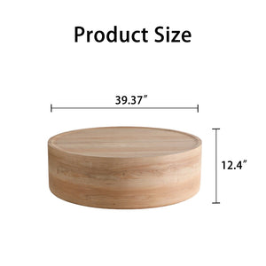 English Elm 39.37 Inch Round Drum Coffee Table Natural Veneer Finish Low Profile Living Room Centerpiece W3081P440130