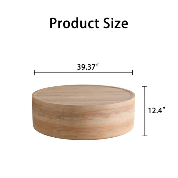 English Elm 39.37 Inch Round Drum Coffee Table Natural Veneer Finish Low Profile Living Room Centerpiece W3081P440130