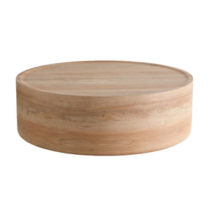 English Elm 39.37 Inch Round Drum Coffee Table Natural Veneer Finish Low Profile Living Room Centerpiece W3081P440130