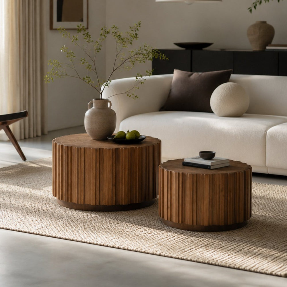 English Elm 19.7+27.5 Walnut Nesting Coffee Tables Slatted Rustic Farmhouse Living Room Accent Set W3081P444008