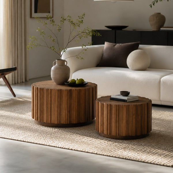 English Elm 19.7+27.5 Walnut Nesting Coffee Tables Slatted Rustic Farmhouse Living Room Accent Set W3081P444008