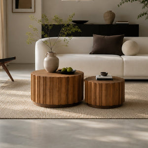English Elm 19.7+27.5 Walnut Nesting Coffee Tables Slatted Rustic Farmhouse Living Room Accent Set W3081P444008