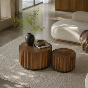 English Elm 19.7+27.5 Walnut Nesting Coffee Tables Slatted Rustic Farmhouse Living Room Accent Set W3081P444008