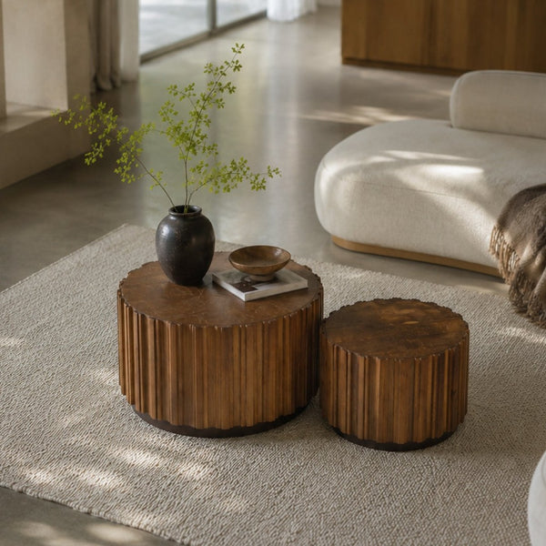 English Elm 19.7+27.5 Walnut Nesting Coffee Tables Slatted Rustic Farmhouse Living Room Accent Set W3081P444008