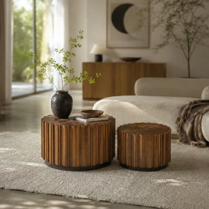English Elm 19.7+27.5 Walnut Nesting Coffee Tables Slatted Rustic Farmhouse Living Room Accent Set W3081P444008