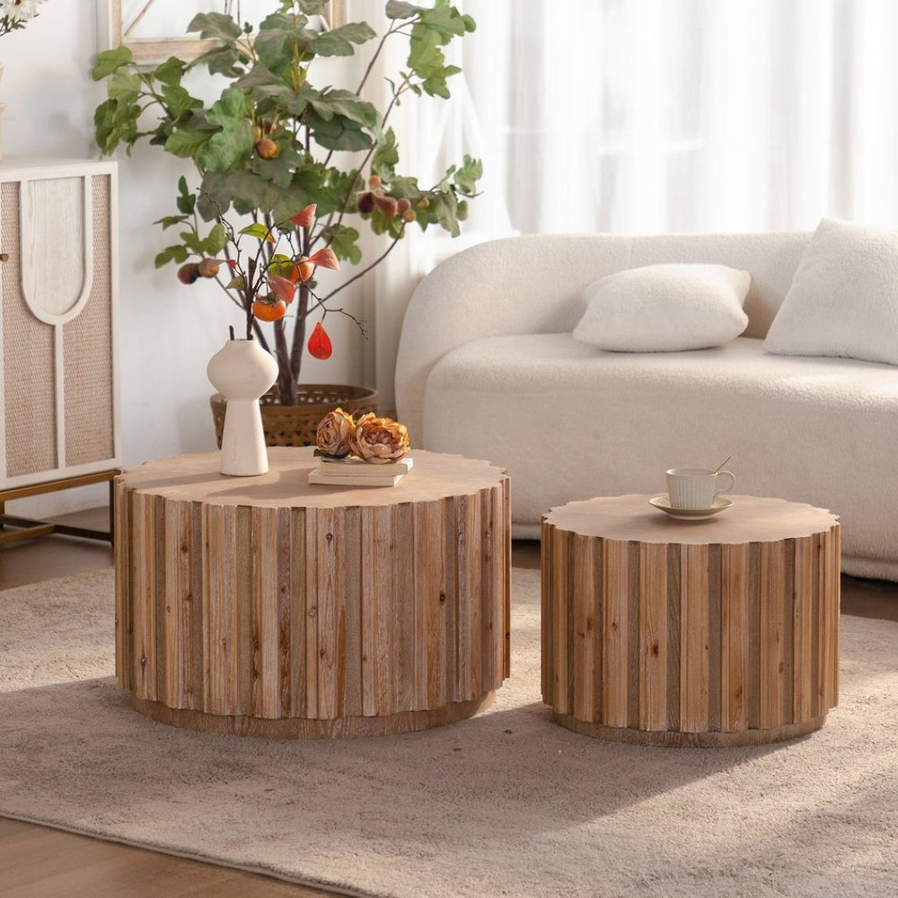 English Elm 19.7+27.5 Round Nesting Coffee Table Set Walnut Slatted Farmhouse Accent Pair W3081P444009