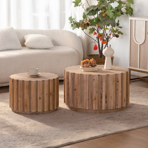 English Elm 19.7+27.5 Round Nesting Coffee Table Set Walnut Slatted Farmhouse Accent Pair W3081P444009