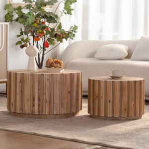 English Elm 19.7+27.5 Round Nesting Coffee Table Set Walnut Slatted Farmhouse Accent Pair W3081P444009