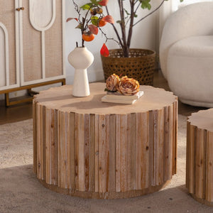 English Elm 19.7+27.5 Round Nesting Coffee Table Set Walnut Slatted Farmhouse Accent Pair W3081P444009