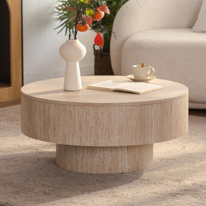 English Elm Travertine Stone Grain Round Drum Coffee Table with Hidden Storage for Living Room W3081P447603