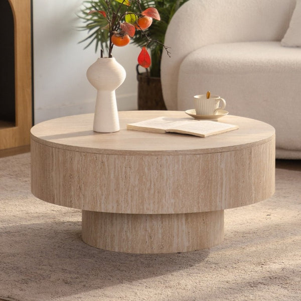 English Elm Travertine Stone Grain Round Drum Coffee Table with Hidden Storage for Living Room W3081P447603
