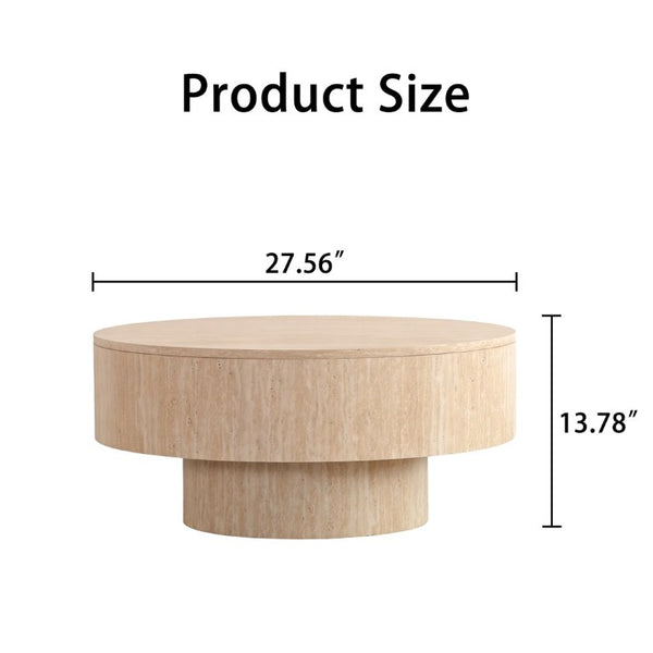 English Elm Travertine Stone Grain Round Drum Coffee Table with Hidden Storage for Living Room W3081P447603