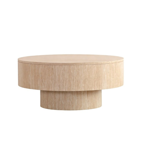 English Elm Travertine Stone Grain Round Drum Coffee Table with Hidden Storage for Living Room W3081P447603