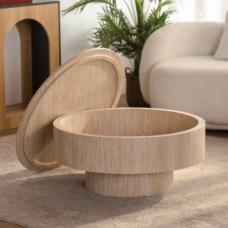 English Elm Travertine Stone Grain Round Drum Coffee Table with Hidden Storage for Living Room W3081P447603