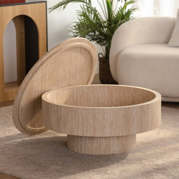 English Elm Travertine Stone Grain Round Drum Coffee Table with Hidden Storage for Living Room W3081P447603