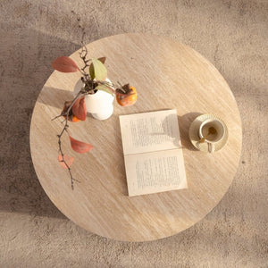 English Elm Travertine Stone Grain Round Drum Coffee Table with Hidden Storage for Living Room W3081P447603