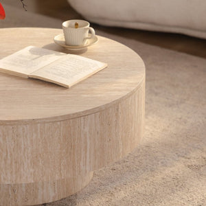 English Elm Travertine Stone Grain Round Drum Coffee Table with Hidden Storage for Living Room W3081P447603