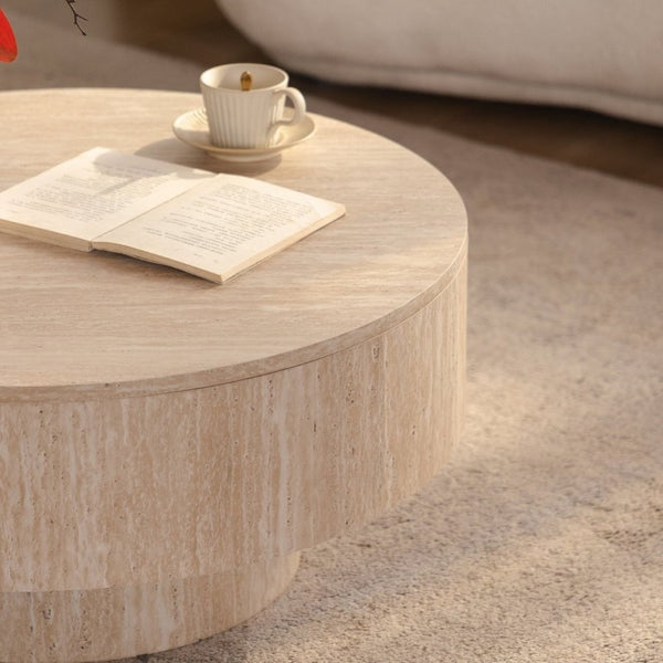 English Elm Travertine Stone Grain Round Drum Coffee Table with Hidden Storage for Living Room W3081P447603