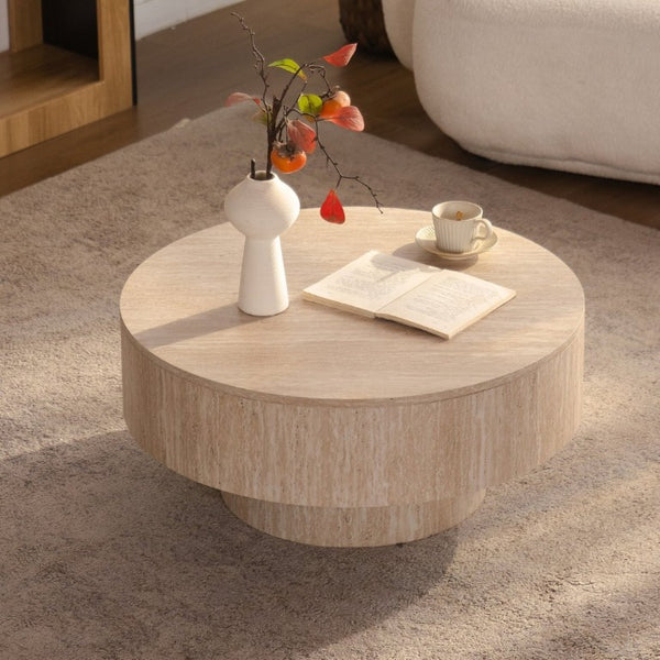 English Elm Travertine Stone Grain Round Drum Coffee Table with Hidden Storage for Living Room W3081P447603