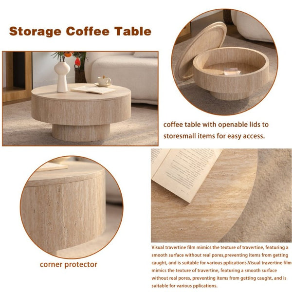 English Elm Travertine Stone Grain Round Drum Coffee Table with Hidden Storage for Living Room W3081P447603