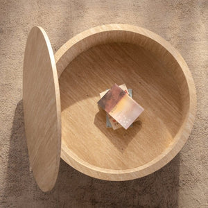 English Elm Travertine Stone Grain Round Drum Coffee Table with Hidden Storage for Living Room W3081P447603