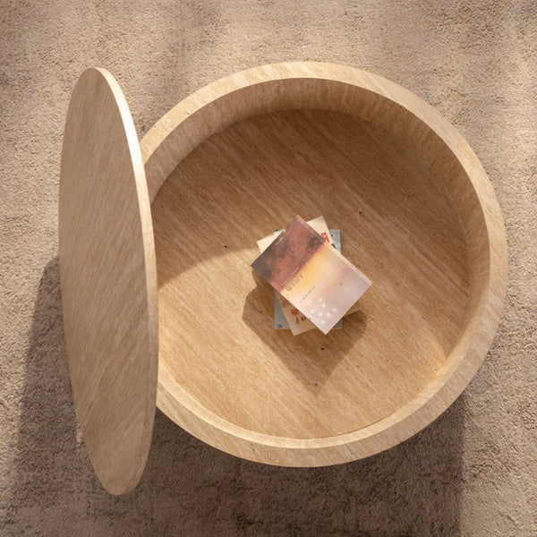 English Elm Travertine Stone Grain Round Drum Coffee Table with Hidden Storage for Living Room W3081P447603