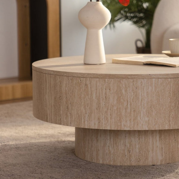 English Elm Travertine Stone Grain Round Drum Coffee Table with Hidden Storage for Living Room W3081P447603