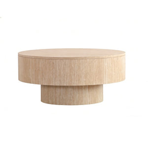 English Elm Travertine Stone Grain Round Drum Coffee Table with Hidden Storage for Living Room W3081P447603