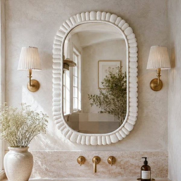 English Elm 24X36 Oval Scalloped Petal Frame Wall Mirror White Textured MDF Vanity Bathroom Decor W3081P459110