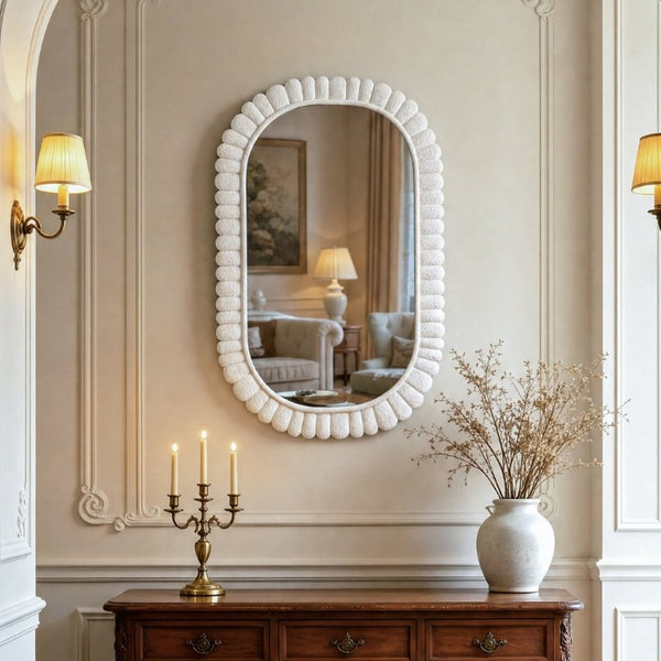 English Elm 24X36 Oval Scalloped Petal Frame Wall Mirror White Textured MDF Vanity Bathroom Decor W3081P459110