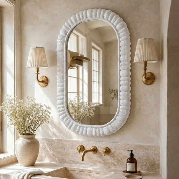 English Elm 24X36 Oval Scalloped Petal Frame Wall Mirror White Textured MDF Vanity Bathroom Decor W3081P459110