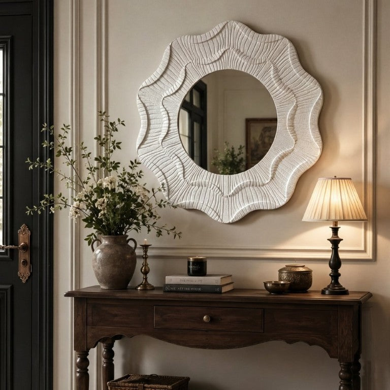 English Elm 31.5 Inch Round Scalloped Floral Wall Mirror Cream MDF Frame Sculptural Accent Decor W3081P459115