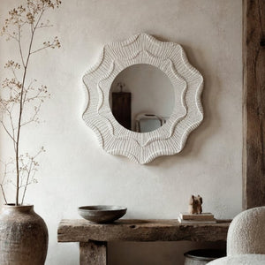 English Elm 31.5 Inch Round Scalloped Floral Wall Mirror Cream MDF Frame Sculptural Accent Decor W3081P459115