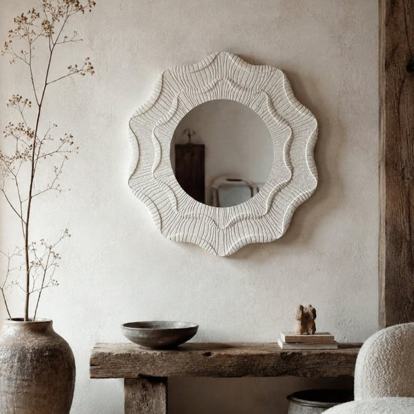 English Elm 31.5 Inch Round Scalloped Floral Wall Mirror Cream MDF Frame Sculptural Accent Decor W3081P459115