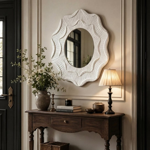 English Elm 31.5 Inch Round Scalloped Floral Wall Mirror Cream MDF Frame Sculptural Accent Decor W3081P459115
