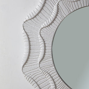English Elm 31.5 Inch Round Scalloped Floral Wall Mirror Cream MDF Frame Sculptural Accent Decor W3081P459115