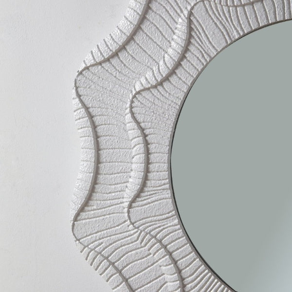 English Elm 31.5 Inch Round Scalloped Floral Wall Mirror Cream MDF Frame Sculptural Accent Decor W3081P459115