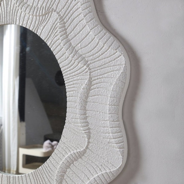 English Elm 31.5 Inch Round Scalloped Floral Wall Mirror Cream MDF Frame Sculptural Accent Decor W3081P459115