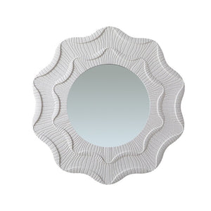 English Elm 31.5 Inch Round Scalloped Floral Wall Mirror Cream MDF Frame Sculptural Accent Decor W3081P459115