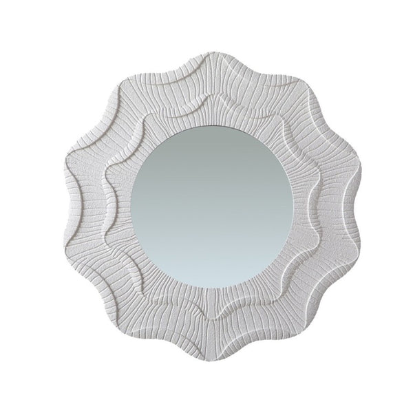English Elm 31.5 Inch Round Scalloped Floral Wall Mirror Cream MDF Frame Sculptural Accent Decor W3081P459115