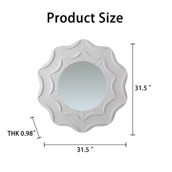English Elm 31.5 Inch Round Scalloped Floral Wall Mirror Cream MDF Frame Sculptural Accent Decor W3081P459115