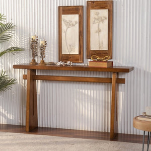 English Elm Walnut Grain MDF Console Table 55 Inch Slim Entryway Accent with Cross Beam Frame W3081P459148