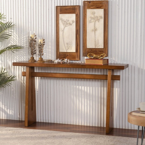 English Elm Walnut Grain MDF Console Table 55 Inch Slim Entryway Accent with Cross Beam Frame W3081P459148