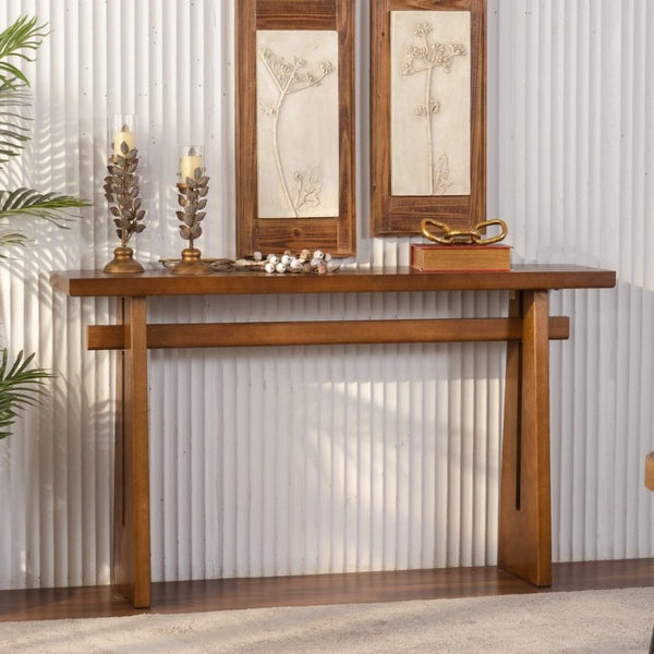 English Elm Walnut Grain MDF Console Table 55 Inch Slim Entryway Accent with Cross Beam Frame W3081P459148