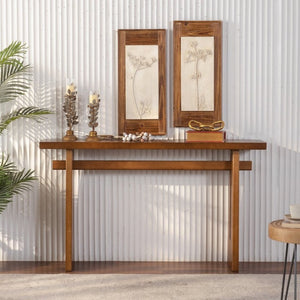 English Elm Walnut Grain MDF Console Table 55 Inch Slim Entryway Accent with Cross Beam Frame W3081P459148